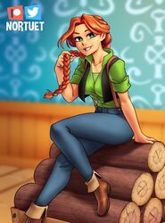  blue_pants braid breasts bright_pupils brown_footwear female green_eyes green_shirt grin hair_over_shoulder highres indoors large_breasts leah_(stardew_valley) log looking_at_viewer nortuet orange_hair pants shirt short_sleeves sitting smile solo stardew_valley suspenders wallpaper_(object) white_pupils 