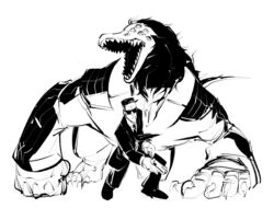  action_pose anthro black_and_white black_tie_(suit) butler classy claws claws_out clothed clothing digital_drawing_(artwork) digital_media_(artwork) duo eyewear fangs gloves gun handwear human humanoid larger_male looming male mammal monochrome monster multi_eye muscular muscular_male pose ranged_weapon reptile roaring scalie scp-682 scp-682-b scp_foundation size_difference styx_nacht_ii suit sunglasses text the-hydroxian thick_fur trevor_moses weapon 