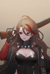  black_gloves breasts character_name cleavage cleavage_cutout clothing_cutout female girls&#039;_frontline gloves gun hair_between_eyes highres jacket jewelry lever_action light_brown_hair lion_(dielion) m1887_(girls&#039;_frontline) multicolored_hair red_hair shotgun streaked_hair turtleneck weapon 