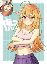  2girls absurdres ahoge antlers blonde_hair blue_neckerchief blush breasts catsox cellphone deer_antlers deer_girl highres holding holding_phone horns koshi_torako multiple_girls navel neckerchief phone pink_eyes pink_tank_top purple_skirt shikanoko_noko shikanoko_nokonoko_koshitantan skirt small_breasts smartphone taking_picture tank_top undressing 