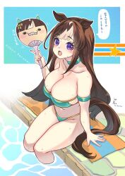  alternate_costume animal_ears bare_shoulders bikini breasts brown_hair commentary_request dated ear_covers female grey_hair groin hand_fan highres hokko_tarumae_(umamusume) holding holding_fan horse_ears horse_girl horse_tail large_breasts long_hair multicolored_hair paper_fan poolside purple_eyes sitting solo speech_bubble stomach strapless strapless_bikini swimsuit tail tail_censor translation_request tsuutenkaaku two-tone_hair uchiwa umamusume very_long_hair wet 