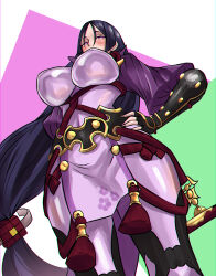  armor black_gloves blush bodysuit breasts elbow_gloves fate/grand_order fate_(series) female fingerless_gloves fukou gloves highres japanese_armor kote large_breasts long_hair looking_at_viewer minamoto_no_raikou_(fate) parted_bangs pelvic_curtain purple_bodysuit purple_eyes purple_hair ribbed_sleeves rope solo tassel very_long_hair 