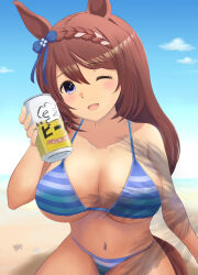  ;d beach bikini blue_bikini blue_bow blue_eyes blue_sky blush bow breasts brown_hair can cleavage commentary_request day ear_bow female hair_between_eyes highres holding holding_can large_breasts long_hair multicolored_hair navel one_eye_closed outdoors piett sand sitting sky smile solo streaked_hair striped_bikini striped_clothes super_creek_(umamusume) swimsuit umamusume very_long_hair white_hair 