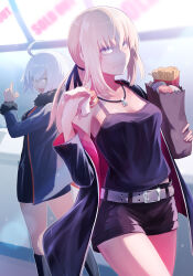  2girls ahoge artoria_pendragon_(fate) black_camisole black_dress black_footwear black_jacket black_ribbon black_shorts blonde_hair blue_coat boots breasts burger camisole cleavage coat collarbone dress fate/grand_order fate_(series) food french_fries fur-trimmed_coat fur_trim grey_hair hair_ribbon harnetyss highres jacket jeanne_d&#039;arc_alter_(fate) jeanne_d&#039;arc_alter_(ver._shinjuku_1999)_(fate) jewelry knee_boots large_breasts long_hair long_sleeves looking_at_viewer low_ponytail medium_breasts multiple_girls necklace open_clothes open_coat open_jacket open_mouth ribbon saber_alter saber_alter_(ver._shinjuku_1999)_(fate) short_dress short_hair short_shorts shorts sidelocks thighs yellow_eyes 