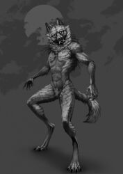  4_toes 5_fingers abs angry anthro athletic athletic_anthro athletic_male bared_teeth canid canine canis claws detailed detailed_fur digitigrade feet fingers fluffy full_moon fur hi_res lips looking_at_viewer male mammal mane monochrome moon mythological_canine mythological_creature mythology navel nude open_mouth paws pecs ready_to_fight shaded shiroashi simple_background slim snarling solo standing tail teeth toe_claws toes were werecanid werecanine werewolf wolf 