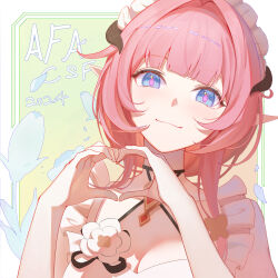  2024 absurdres bare_shoulders blue_eyes blush breasts chinese_commentary cleavage collarbone commentary_request elf elysia_(honkai_impact) elysia_(miss_pink)_(honkai_impact) elysia_(miss_pink_elf)_(honkai_impact) fake_horns female flower hair_between_eyes head_tilt heart heart_hands highres honkai_(series) honkai_impact_3rd horns long_hair looking_at_viewer maid maid_headdress md5_mismatch official_alternate_costume pink_hair pink_pupils pointy_ears portrait revision shengkai167 sidelocks smile solo white_flower 