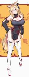  absurdres alternate_costume animal_ears arknights black_dress blonde_hair blue_eyes breasts china_dress chinese_clothes covered_navel detached_sleeves dress female hair_ribbon hand_on_own_hip highres horse_ears horse_girl horse_tail iindoagorira large_breasts long_hair ribbon sleeveless sleeveless_dress solo standing tail thighhighs whislash_(arknights) white_thighhighs 