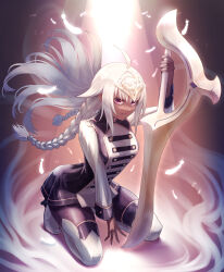  ahoge black_skirt boots braid breasts dark-skinned_female dark_skin fate/grand_order fate_(series) feathers female harnetyss highres holding holding_sword holding_weapon huge_weapon indian kneeling lakshmibai_(fate) long_hair looking_at_viewer medium_breasts purple_eyes skirt solo sword thigh_boots weapon white_footwear white_hair white_sleeves 