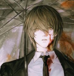  1boy 8knff blood blood_on_clothes blood_on_face brown_eyes brown_hair collared_shirt death_note highres looking_at_viewer male_focus necktie parted_lips portrait shirt solo umbrella yagami_light 