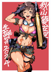  2024 ;d absurdres akiyama_yukari armband belt bikini bikini_under_clothes birthday black_belt boots breasts camouflage camouflage_bikini_top camouflage_shorts character_name cleavage explosive female fluffy_hair front-tie_top girls_und_panzer gloves goggles goggles_around_neck grenade halterneck highleg highleg_bikini highres holding holding_shell large_breasts micro_shorts navel one_eye_closed pink_bikini red_background salute shell shinkuukan_(tetsuo3) short_hair shorts smile solo standing stick_grenade string_bikini swimsuit tank_shell thigh_gap thigh_strap translated 