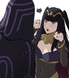  1other :3 black_hair black_nails bodysuit breasts bridal_gauntlets cape female fire_emblem fire_emblem_awakening francisco_mon highres hood hood_up looking_at_another open_mouth paw_pose robin_(fire_emblem) simple_background spoken_animal tharja_(fire_emblem) tiara twintails 