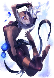  ass bare_shoulders black_gloves black_hairband black_leotard black_pants breasts dark-skinned_female dark_skin fate/grand_order fate_(series) female fingerless_gloves flower gloves hairband harnetyss hassan_of_serenity_(fate) highres kunai leotard looking_at_viewer medium_breasts pants purple_eyes purple_hair short_hair sidelocks solo stirrup_legwear tight_clothes tight_pants toeless_legwear weapon 