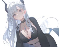  ahoge belt black_belt black_bra black_choker black_horns black_panties black_shirt black_tail black_wings blue_gemstone bow bow_bra bra breasts choker cleavage closed_mouth demon_girl demon_horns demon_tail demon_wings female frown gem grey_eyes hair_on_horn horns jewelry lace-trimmed_choker lace_trim large_breasts leaning_forward leaning_to_the_side light_blush long_hair long_sleeves looking_at_viewer navel necklace nekojira open_clothes open_shirt original panties pendant pointy_ears raised_eyebrows revision see-through shirt sidelocks simple_background solo stomach tail thea_(nekojira) underwear white_background white_hair wings 