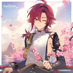  1boy ;) absurdres against_railing ahoge black_choker branch cherry_blossoms choker cloud commentary copyright_name detached_sleeves english_commentary facial_mark falling_petals genshin_impact green_eyes hair_between_eyes highres holding holding_branch male_focus mark_under_both_eyes official_art one_eye_closed outdoors petals railing red_hair shikanoin_heizou shirt sleeveless sleeveless_shirt smile solo upper_body white_shirt 