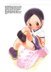  2000s_(style) absurdres ankle_socks artist_name black_hair blush brown_eyes buruma english_text feet female foot_focus full_body furrowed_brow gym_uniform hard-translated highres non-web_source official_art ooshima_yuuki retro_artstyle sakurakinoshita_ashita short_hair shuukan_watashi_no_onii-chan sitting socks soles solo third-party_edit tire toes tomboy traditional_media white_background 