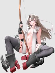  absurdres arrow_(projectile) black_gloves boots bow_(weapon) breasts convenient_censoring female gloves green_eyes grey_hair hachimaki hair_between_eyes headband highres holding holding_bow_(weapon) holding_weapon kantai_collection kirigakure_(kirigakure_tantei_jimusho) long_hair looking_at_viewer medium_breasts navel oerba_yun_fang partially_fingerless_gloves quiver rudder_footwear sitting skin_fang solo spread_legs thigh_boots very_long_hair weapon white_headband yumi_(bow) zuikaku_(kancolle) zuikaku_kai_ni_(decisive_battle)_(kancolle) zuikaku_kai_ni_(kancolle) 