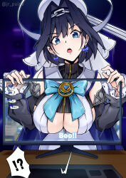  !? absurdres black_hair black_shirt black_sleeves blue_bow blue_bowtie blue_cape blue_eyes blue_gemstone blurry blurry_background bow bow_earrings bowtie breasts brooch cape chain_headband chains cleavage clothing_cutout commentary computer_keyboard crop_top detached_sleeves earrings english_commentary female frilled_sleeves frills gem hair_between_eyes hair_intakes halo heart heart-shaped_gem heart_brooch highres hololive hololive_english jewelry jrpulse large_breasts looking_at_viewer mechanical_halo monitor open_mouth ouro_kronii ouro_kronii_(1st_costume) paid_reward_available pinstripe_pattern pinstripe_shirt sailor_collar shirt short_hair sleeveless sleeveless_shirt solo speed_lines teeth tongue twitter_username underboob underboob_cutout upper_body upper_teeth_only virtual_youtuber white_sailor_collar white_shirt white_veil 