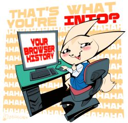  2024 aggretsuko anthro blush blush_stickers browser_history canid canine computer desk dialogue electronics english_text female fennec_fox fenneko fox fur furniture laugh laughing_at_viewer looking_at_viewer mammal oddjuice sanrio solo superfrenzyhare table tan_body tan_fur text true_fox 