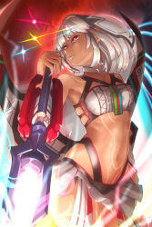  absurdres altera_(fate) bare_shoulders bikini body_markings breasts dark-skinned_female dark_skin detached_sleeves energy_sword fate/extella fate/extra fate_(series) female harnetyss highres looking_to_the_side medium_breasts navel photon_ray_(fate) red_eyes short_hair solo swimsuit sword thighs veil weapon white_bikini white_hair 