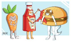  absurd_res alastorrekfast anthro artist_logo burger burger_costume canid canine canis carrot clothing costume disney domestic_dog female food food_costume food_creature group herding_dog hi_res judy_hopps ketchup lagomorph laxes leporid living_condiment logo male mammal martha_minkowitz mink mustelid musteline pastoral_dog plant rabbit simple_background standing trio true_musteline vegetable welsh_corgi zootopia 