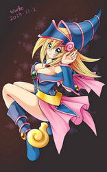  2019 bangs blonde_hair blue_footwear blue_sleeves blush breasts cleavage dark_magician_girl dated detached_sleeves duel_monster eyebrows_visible_through_hair female floating_hair full_body green_eyes hair_between_eyes jewelry long_hair looking_at_viewer medium_breasts necklace parted_lips pink_skirt skirt solo wube yuu-gi-ou 