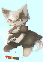  4_fingers anthro bangs black_clothing blue_background bottomwear brown_nose canid canine clothed clothing featureless_feet feet female fingers floating fur gameplay_mechanics gui gun hair hand_on_chest handgun health_bar heart_symbol herba_(hasukii) holding_object holding_weapon hooki kemono long_tail looking_forward mammal open_mouth prick_ears pupils ranged_weapon red_eyes red_tongue revolver shell_(projectile) shorts simple_background smoke solo tail tan_body tan_ears tan_fur tan_hair tan_inner_ear tan_tail tongue weapon white_pupils wounded yellow_eyes 