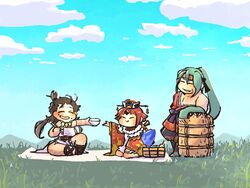  1boy 2girls :&gt; arm_rest benienma_(fate) black_hair blue_sky bowl chopsticks cloud day fate/grand_order fate_(series) food food_on_face grass green_hair headband highres himiko_(fate) himiko_(first_ascension)_(fate) japanese_clothes komedawara long_hair multiple_girls outdoors ponytail red_hair rice_bowl shamoji sitting sky smile tawara_touta_(fate) trait_connection umeyama_(ume22ke) wariza 