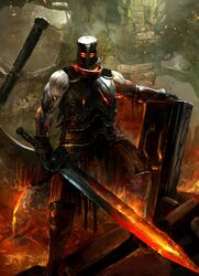  1boy armor biceps breastplate dark_souls_(series) dark_souls_i embers fire full_body gauntlets glowing glowing_eyes glowing_weapon greatsword greaves helmet highres holding holding_sword holding_weapon iron_tarkus kekai_kotaki knight looking_at_viewer male_focus muscular muscular_male outdoors ruins shield solo standing sword weapon 