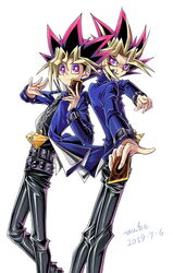  2boys black_pants black_shirt blue_jacket card chains closed_mouth highres holding holding_card jacket long_hair long_sleeves looking_at_viewer male_focus millennium_puzzle multicolored_hair multiple_boys mutou_yuugi open_clothes open_jacket pants red_eyes shiny shiny_clothes shirt simple_background smile spiked_hair white_background wube yami_yuugi yuu-gi-ou 