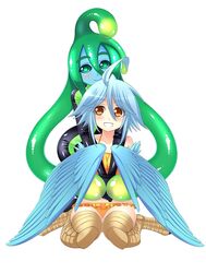  2girls ahoge bikini bird_legs blue_hair blue_skin blue_wings blush bodysuit colored_skin commentary_request diving_suit feathered_wings feathers frilled_bikini frills green_eyes green_hair harpy hug hug_from_behind long_hair monster_girl monster_musume_no_iru_nichijou multiple_girls official_art okayado open_mouth orange_bikini papi_(monster_musume) short_hair simple_background slime_girl smile suu_(monster_musume) swimsuit tentacle_hair wetsuit white_background winged_arms wings yellow_eyes 