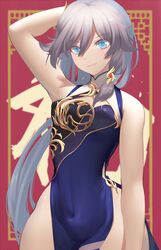  armpits arms_behind_back bad_id bad_pixiv_id bare_shoulders blue_dress blue_eyes blue_hair breasts china_dress chinese_clothes covered_navel dress female fu_hua fu_hua_(blue_swallow) fu_hua_(valkyrie_accipiter) grey_hair hair_between_eyes hair_ornament hane_(15188414) highres honkai_(series) honkai_impact_3rd long_hair looking_at_viewer low-tied_long_hair low_ponytail no_panties official_alternate_costume ponytail red_background sleeveless small_breasts smile solo thighs 