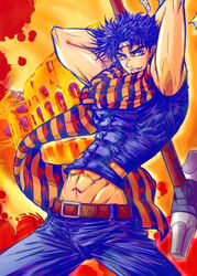  armpits arms_up axe battle_tendency belt blood blood_splatter blue_eyes blue_hair blue_pants colossus denim hammer headband jeans jojo_no_kimyou_na_bouken joseph_joestar joseph_joestar_(young) navel orange_background pants purple_eyes scarf striped striped_scarf triangle_print weapon 