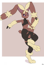  2022 3_toes anthro barefoot black_sclera breasts brown_body brown_fur cotton_tail feet female flat_chested foot_focus fur generation_6_pokemon hi_res hindpaw jimfoxx lagomorph leporid long_ears looking_at_viewer mammal mega_evolution mega_lopunny midriff mouth_closed navel nintendo nude on_one_leg pawpads paws pink_nose pokemon pokemon_(species) pose purple_eyes rabbit signature small_breasts smile smiling_at_viewer soles solo standing tan_feet tan_pawpads tan_paws tiptoes toes under_boob wide_eyed 