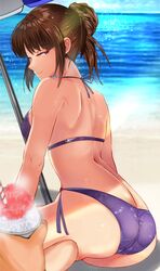  absurdres ass beach beach_umbrella bikini breasts brown_eyes brown_hair closed_mouth disembodied_hand female food halterneck highres looking_at_viewer outdoors scryed shaved_ice short_hair side-tie_bikini_bottom smile string_bikini swimsuit terada_ayase tomo0843 umbrella water 