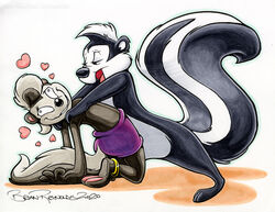  anthro bedroom_eyes black_body black_fur black_nose brian_reynolds clothed clothing duo female flat_chested fur heart_symbol looney_tunes male male/female mammal mephitid narrowed_eyes nude pepe_le_pew seductive skunk striped_skunk sydney_skunk_(savanity) topless warner_brothers 