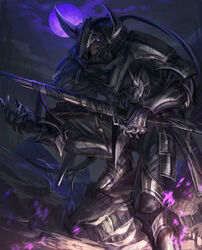  1boy armor bad_id bad_pixiv_id black_armor fake_horns full_moon gauntlets glowing glowing_eyes greaves helmet highres holding holding_sword holding_weapon horned_helmet horns left-handed long_hair looking_at_viewer male_focus moon night original pauldrons photoshop_(medium) ponytail purple_eyes purple_moon sheath sheathed shichigatsu shoulder_armor solo sword weapon 