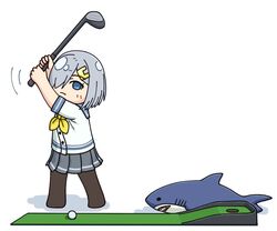  ball black_pantyhose blue_eyes commentary_request female golf golf_ball golf_club grey_hair grey_sailor_collar grey_skirt hair_ornament hair_over_one_eye hairclip hama!_(3toshinhmkz) hamakaze_(kancolle) holding holding_golf_club hole kantai_collection neckerchief no_nose pantyhose pleated_skirt sailor_collar school_uniform serafuku short_hair simple_background skirt stuffed_animal stuffed_shark stuffed_toy white_background yellow_neckerchief 