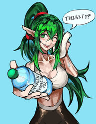  black_leggings blue_background bottle breasts collarbone female fire_emblem fire_emblem_awakening green_eyes green_hair hair_ornament hair_scrunchie high_ponytail holding holding_bottle holding_towel large_breasts leggings light_blush long_hair looking_at_viewer one_eye_closed pointy_ears ponytail red_scrunchie saiykik scrunchie smile solo sports_bra sweat teeth tiki_(adult)_(fire_emblem) tiki_(fire_emblem) towel unfinished upper_teeth_only very_long_hair water_bottle white_sports_bra wiping_sweat 