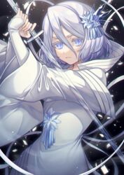  arms_up bankai bleach blue_eyes closed_mouth commentary_request dress eyebrows_hidden_by_hair female grey_hair hair_between_eyes hair_ornament hakka_no_togame_(bankai) holding holding_sword holding_weapon ice karokuchitose katana kuchiki_rukia long_sleeves looking_at_viewer sleeves_past_wrists solo spoilers sword transparent weapon white_dress wide_sleeves zanpakutou 