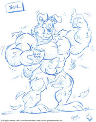  2010 anthro big_biceps big_muscles big_pecs blush body_size_growth bulge_(sound_effect) canid canine canis clothed clothing cooner domestic_dog english_text floppy_ears food fur growth holding_object jd_puppy_(character) male mammal monochrome motion_lines muscle_growth muscular muscular_anthro muscular_male muscular_thighs onomatopoeia partially_clothed pecs signature simple_background size_transformation solo sound_effects tail text toony torn_clothing traditional_media_(artwork) transformation url 