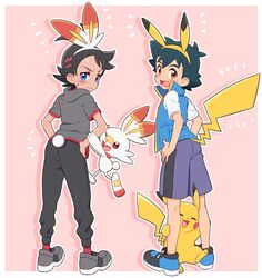  2boys animal_ears black_hair black_pants blue_footwear blue_shorts blue_vest blush commentary dark-skinned_male dark_skin embarrassed emphasis_lines from_behind full_body goh_(pokemon) grey_footwear grey_shirt holding_another&#039;s_arm hugging_own_legs looking_at_viewer looking_back lower_teeth_only multiple_boys okaohito1 open_mouth pants pikachu pikachu_ears pikachu_tail pink_background pokemon pokemon_(anime) pokemon_(creature) pokemon_ears pokemon_journeys pokemon_tail protected_link rabbit_ears rabbit_tail satoshi_(pokemon) shirt shoes shorts simple_background sneakers spiked_hair standing sweat tail teeth vest white_shirt 