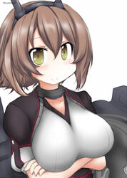  bad_id bad_twitter_id breasts brown_hair commentary_request crossed_arms female gloves green_eyes hairband headgear kantai_collection large_breasts looking_at_viewer machinery mutsu_(kancolle) mutsu_kai_ni_(kancolle) ouno_(nounai_disintegration) radio_antenna short_hair simple_background smile solo twitter_username upper_body white_background white_gloves 