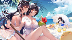  4girls alternate_costume atago_(azur_lane) atago_(summer_march)_(azur_lane) azur_lane bare_shoulders beach bikini bird black_hair blue_sky blush breasts chick choukai_(azur_lane) cleavage coconut collarbone commentary day fruit_cup hatoyama_itsuru large_breasts long_hair looking_at_viewer manjuu_(azur_lane) maya_(azur_lane) multiple_girls official_alternate_costume one-piece_swimsuit open_mouth outdoors ribbon shore sky swept_bangs swimsuit sword takao_(azur_lane) takao_(beach_rhapsody)_(azur_lane) thighs weapon white_bikini white_one-piece_swimsuit white_ribbon wooden_sword yellow_eyes 