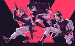  3boys black_gloves brown_hair earrings fingerless_gloves fur_trim gloves gun highres holding holding_gun holding_weapon indie_virtual_youtuber jewelry long_hair long_sleeves looking_at_viewer male_focus minase_(neo-porte) mole mole_under_eye multicolored_hair multiple_boys neo-porte nijisanji nijisanji_en pants pink_hair purple_eyes purple_hair shoto_(vtuber) shu_yamino smile streaked_hair tako_wieners valorant virtual_youtuber weapon white_pants 