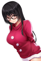  absurdres arms_behind_back bikini black-framed_eyewear black_hair blush breasts brown_eyes closed_mouth collarbone commentary_request female fur-trimmed_sweater fur_trim glasses hat highres huyumitsu large_breasts long_hair looking_at_viewer original pom_pom_(clothes) red_bikini red_sweater simple_background solo standing straight_hair sweater swimsuit white_background 