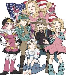  2girls 4boys american_flag argyle_clothes argyle_sweater blonde_hair diego_brando dress fu_r_y funny_valentine gloves gold_teeth gyro_zeppeli hat helmet hood hoodie hot_pants_(sbr) johnny_joestar jojo_no_kimyou_na_bouken kneeling lucy_steel multiple_boys multiple_girls pink_dress red_hair steel_ball_run sweater 