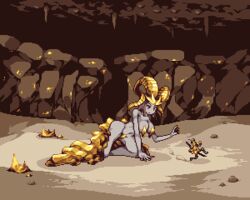  all_fours armor breasts cave cleavage colored_skin commentary_request female giant giantess grey_skin horns kulve_taroth large_breasts lowres maebari monster_girl monster_hunter:_world monster_hunter_(series) personification pixel_art running scales warabin_(suteki_denpun) weapon 