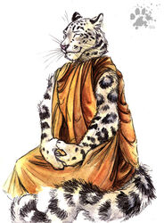  2006 anthro blotch closed_eyes felid inner_ear_fluff male mammal meditating meditation monk pantherine simple_background smile snow_leopard solo tail tuft whiskers white_background 