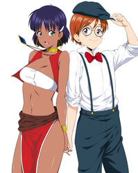  1boy bandeau bare_shoulders bob_cut bracelet breasts brown_hair cleavage closed_mouth commentary_request dark-skinned_female dark_skin earrings female fushigi_no_umi_no_nadia green_eyes hair_ornament hairclip hat jean_roque_lartigue jewelry jyura loincloth looking_at_viewer midriff nadia_la_arwall neck_ring necklace pelvic_curtain purple_hair short_hair simple_background smile strapless tube_top vest white_background 