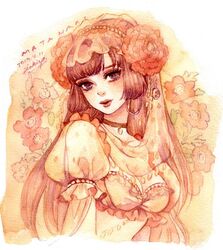  blue_eyes breasts brown_hair choker cleavage dated earrings fate/grand_order fate_(series) female flower frilled_sleeves frills hair_flower hair_ornament headdress hoop_earrings jewelry long_hair mata_hari_(fate) painting_(medium) puffy_short_sleeves puffy_sleeves sakizou short_sleeves signature smile solo traditional_media watercolor_(medium) 